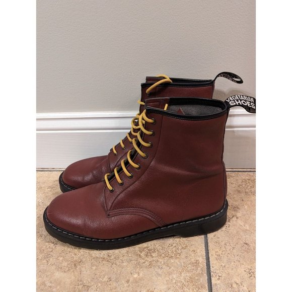 Vegetarian Shoes Combat 8-Eye Tall Boots Dark Red Men's US 14 Handmade In UK - Picture 1 of 16